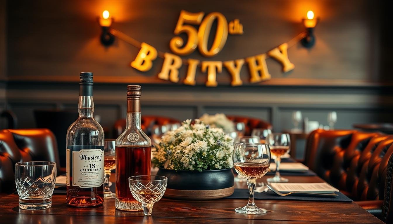 Vintage whiskey tasting 50th birthday party setup with whiskey bottles, glasses, and rustic decorations