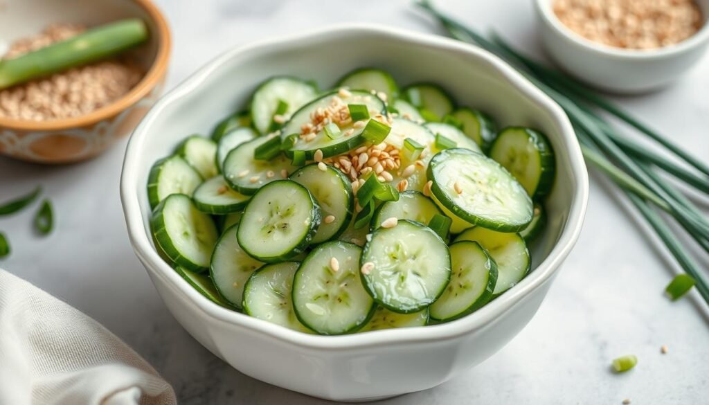 Viral cucumber salad in a beautiful serving bowl ready to be enjoyed