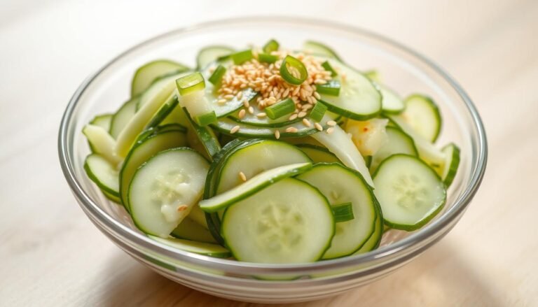 Viral cucumber salad in a glass bowl with sesame seeds and green onions on top