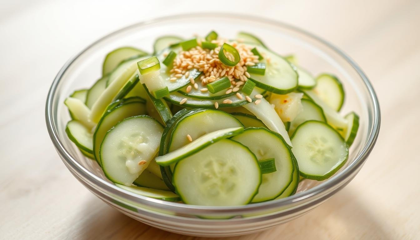 Viral cucumber salad in a glass bowl with sesame seeds and green onions on top