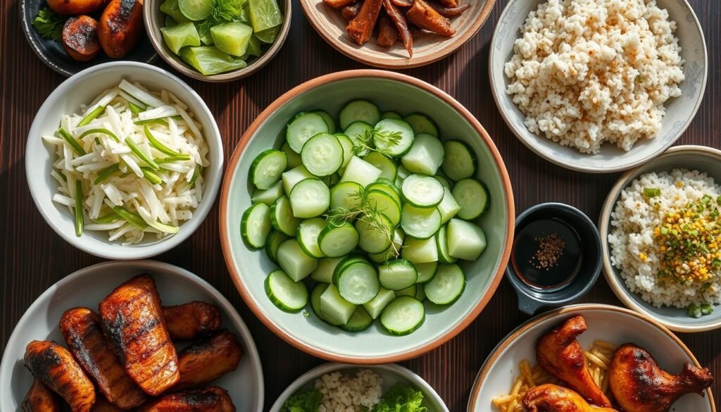 Viral cucumber salad served as part of an Asian-inspired meal spread