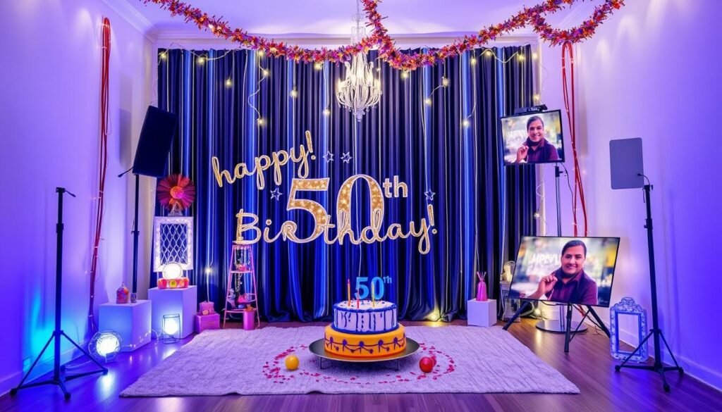 Virtual 50th birthday celebration setup with backdrop, lighting, and decorations visible on camera Virtual 50th birthday celebration setup with backdrop, lighting, and decorations visible on camera
