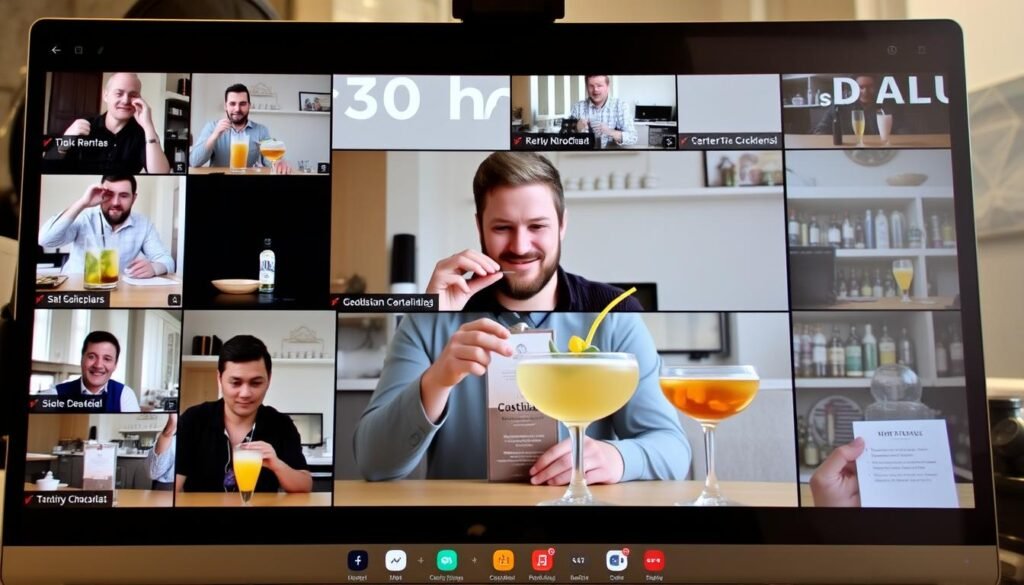 Virtual cocktail class for 30th birthday with participants on video call making drinks
