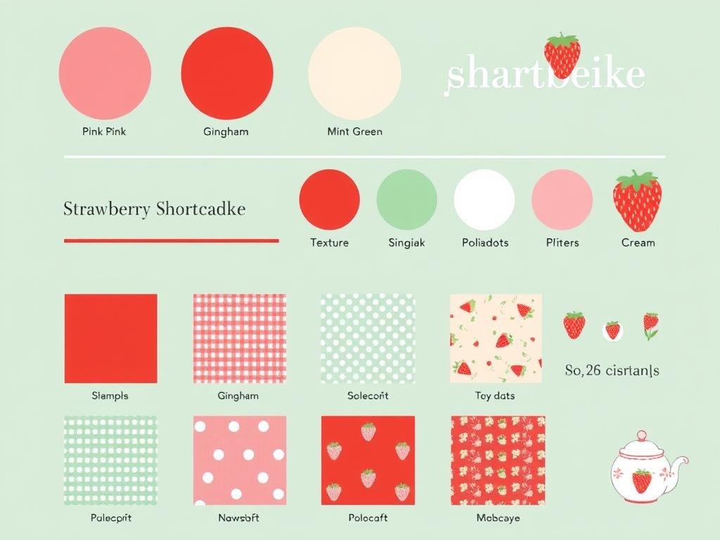 Visual representation of strawberry shortcake aesthetic elements including color swatches, textures, and motifs