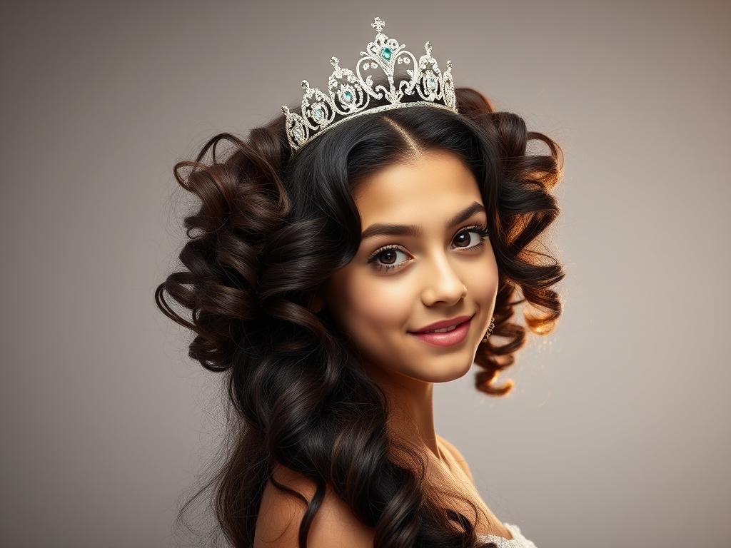 Voluminous curly sweet 16 hairstyle with tiara
