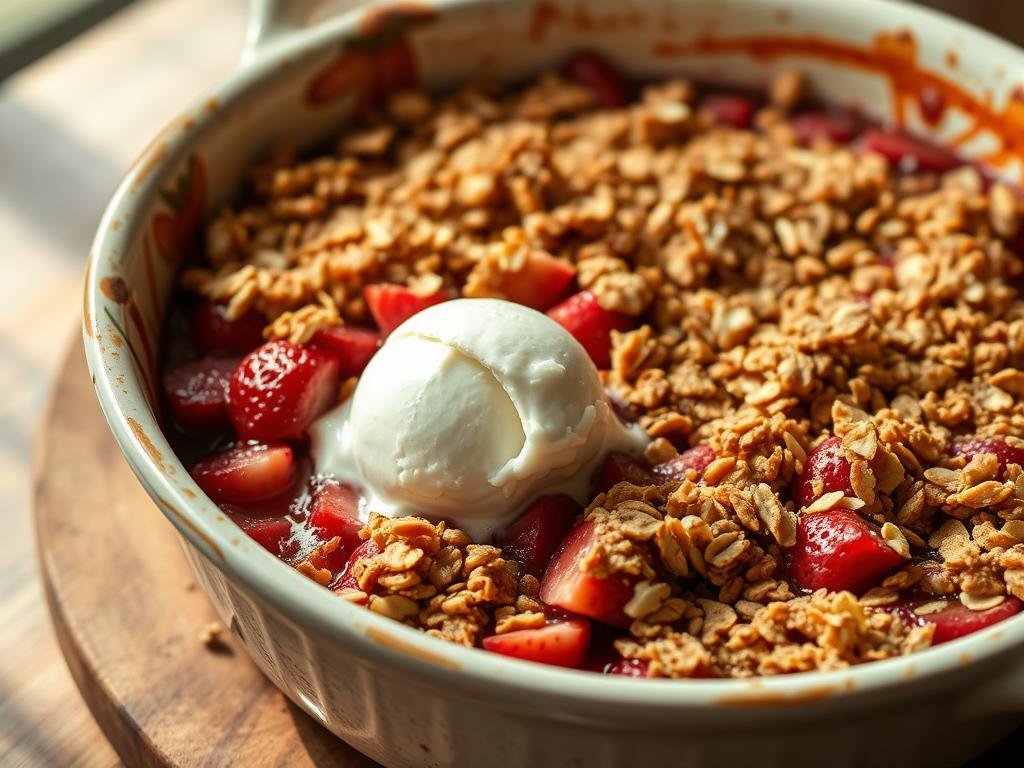Warm strawberry crisp in a baking dish with a scoop of vanilla ice cream melting on top