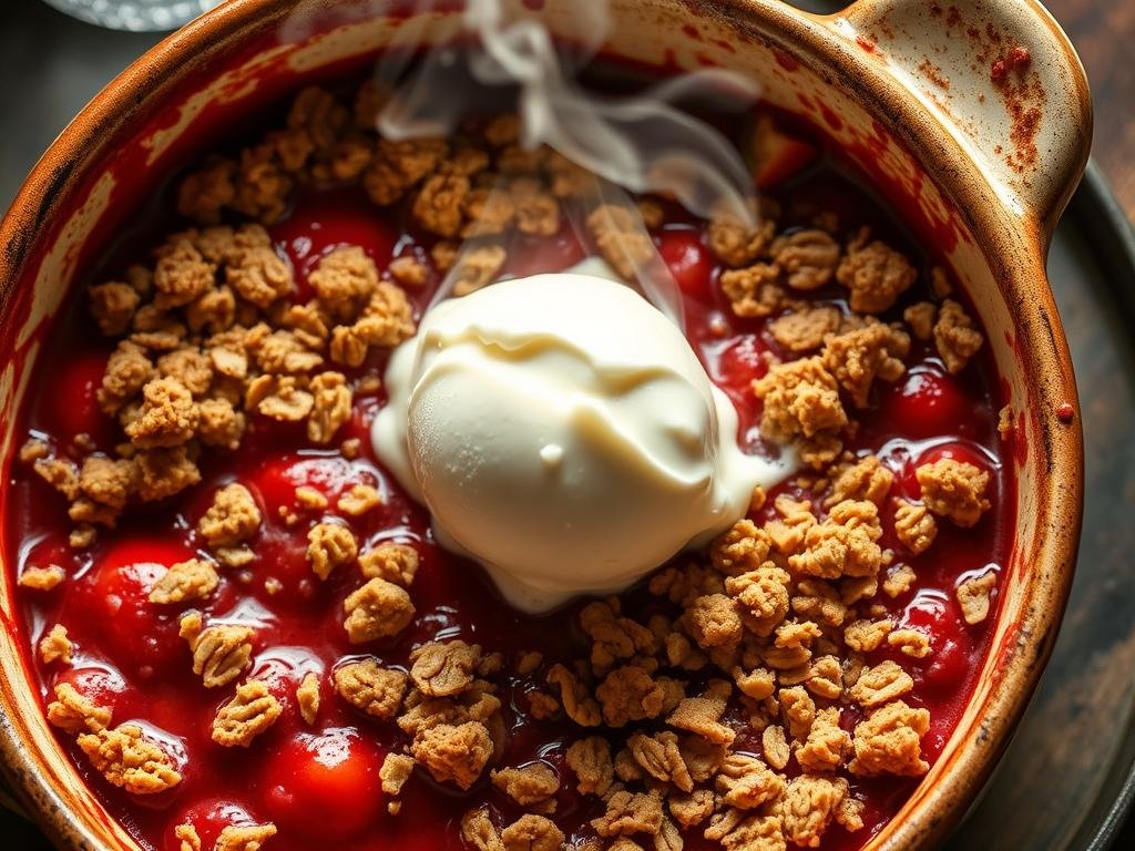 Warm strawberry crumble in a baking dish with a scoop of vanilla ice cream melting on top Warm strawberry crumble in a baking dish with a scoop of vanilla ice cream melting on top