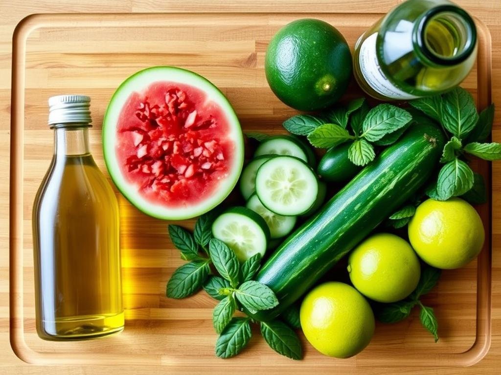 Watermelon cucumber salad ingredients laid out on a cutting board including watermelon, cucumber, mint, lime, and olive oil