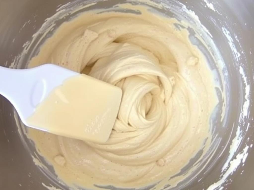 Wet and dry ingredients being combined for strawberry shortcake blueberry muffin batter