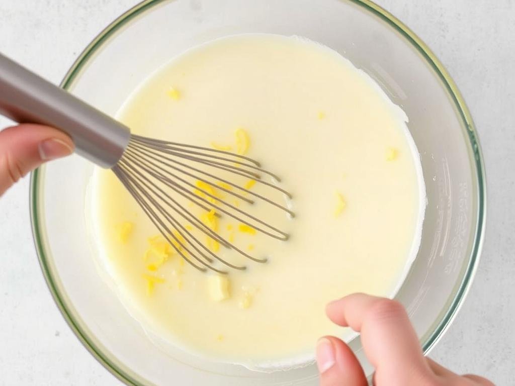 Wet ingredients being whisked together for strawberry shortcake blueberry muffins