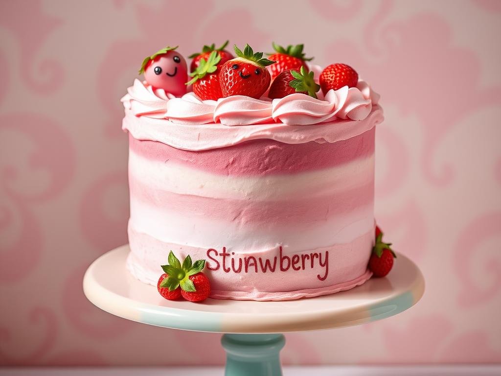 Whimsical strawberry cake with pink ombre frosting and strawberry characters on top