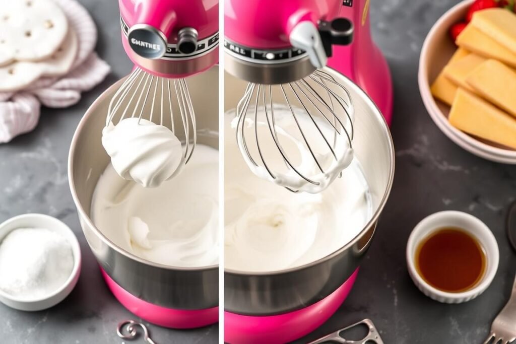 Whipped cream being prepared in a stand mixer, showing soft peaks forming Whipped cream being prepared in a stand mixer, showing soft peaks forming