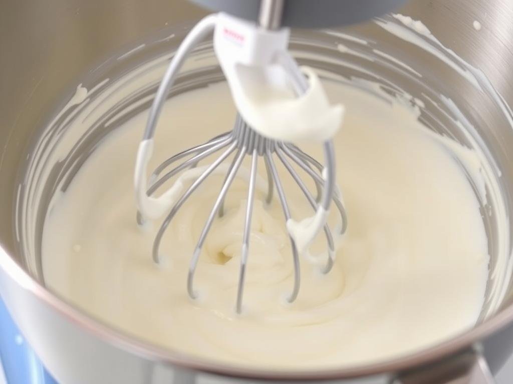 Whipped cream being whipped to soft peaks in a stand mixer