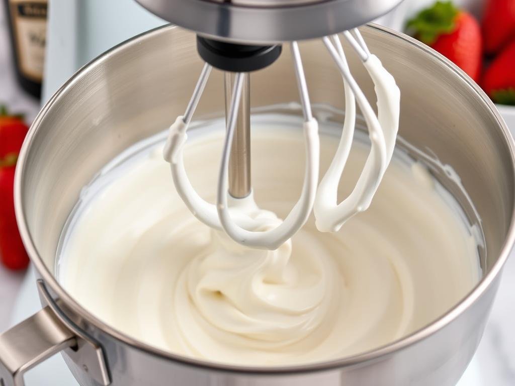 Whipped cream frosting being prepared in a mixer Whipped cream frosting being prepared in a mixer
