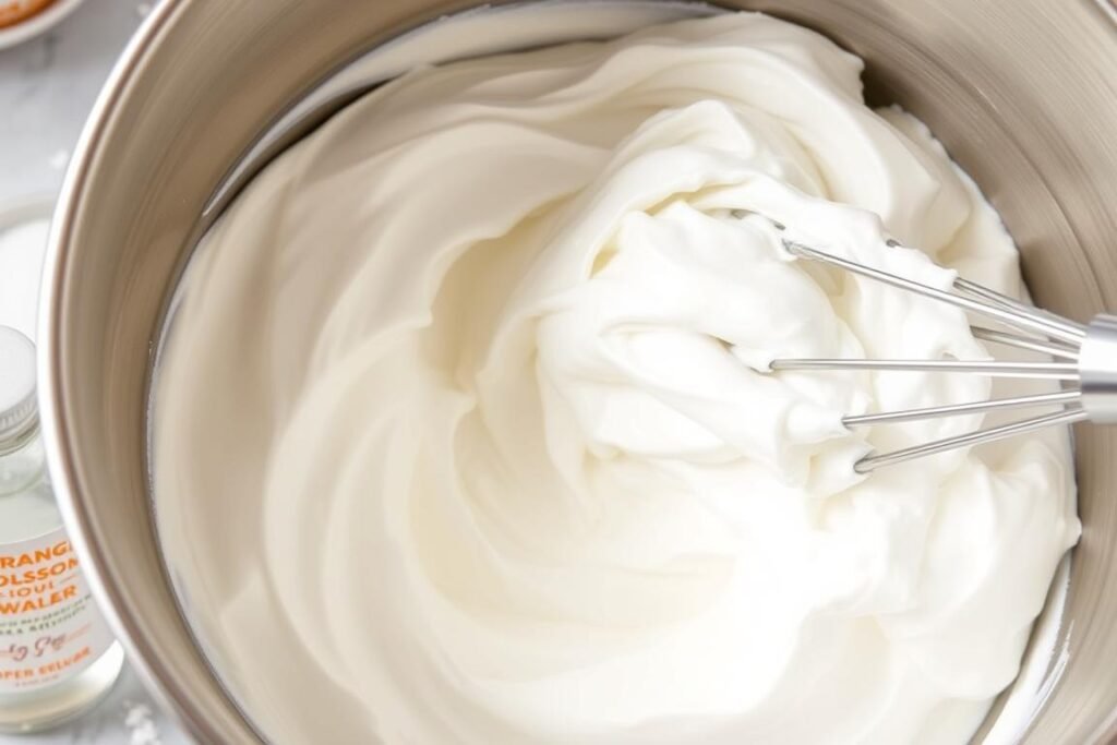 Whipped cream with orange blossom water being whipped to soft peaks