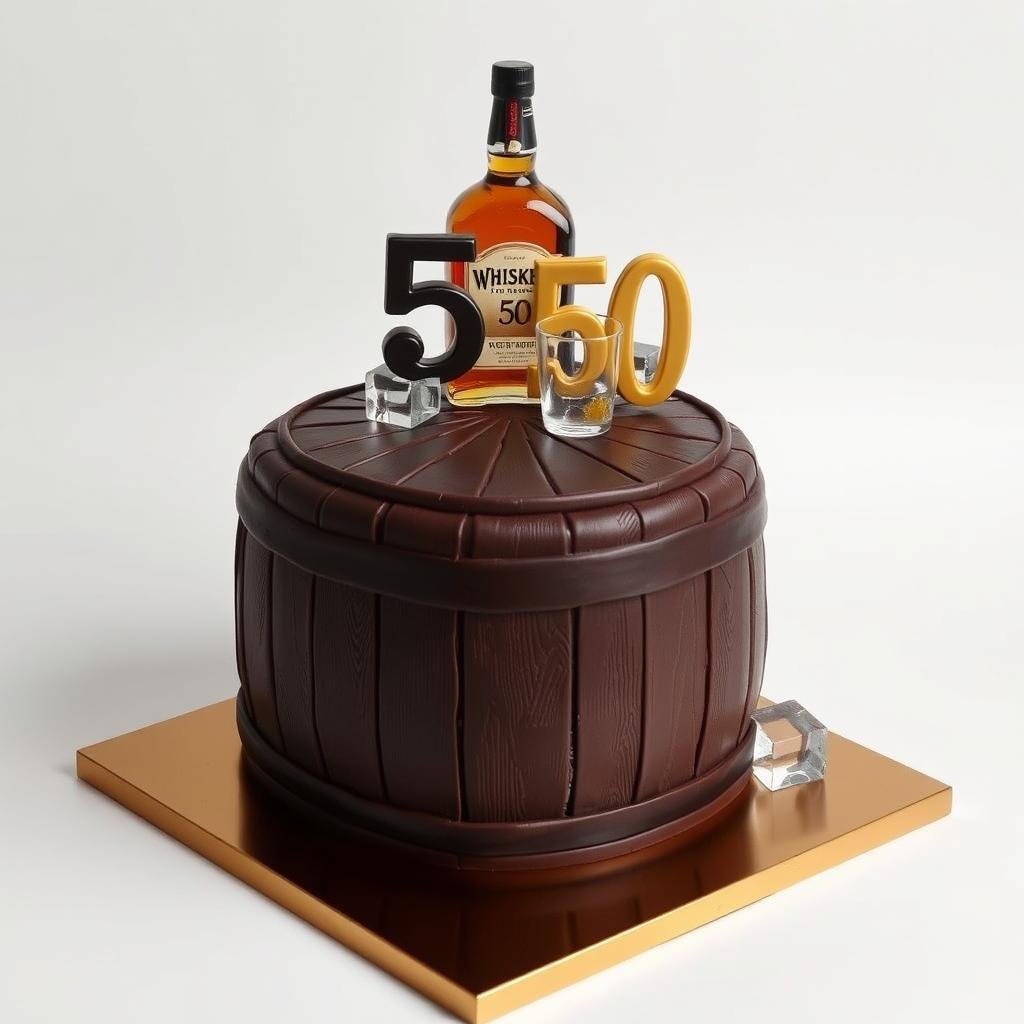 Whiskey-themed 50th birthday cake for men with edible bottle decoration