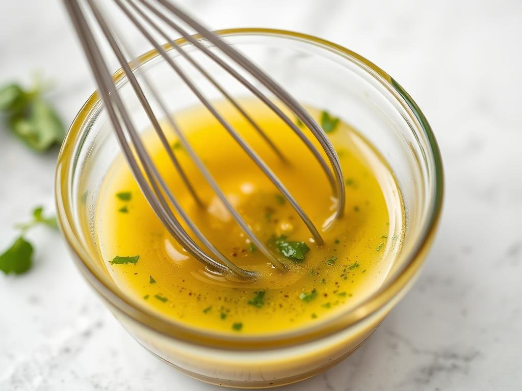 Whisking Mediterranean cucumber salad dressing in a small glass bowl Whisking Mediterranean cucumber salad dressing in a small glass bowl
