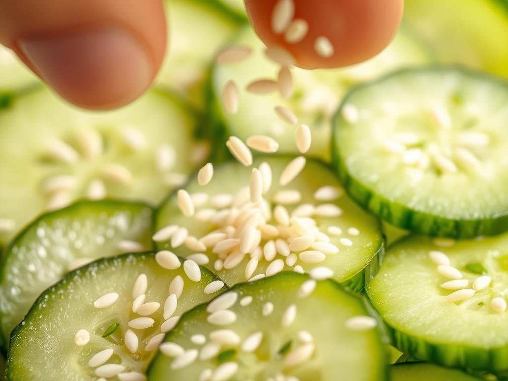 White sesame seeds being sprinkled over cucumber slices