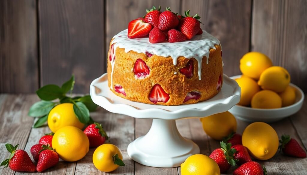 Whole lemon strawberry cake on a cake stand surrounded by fresh lemons and strawberries