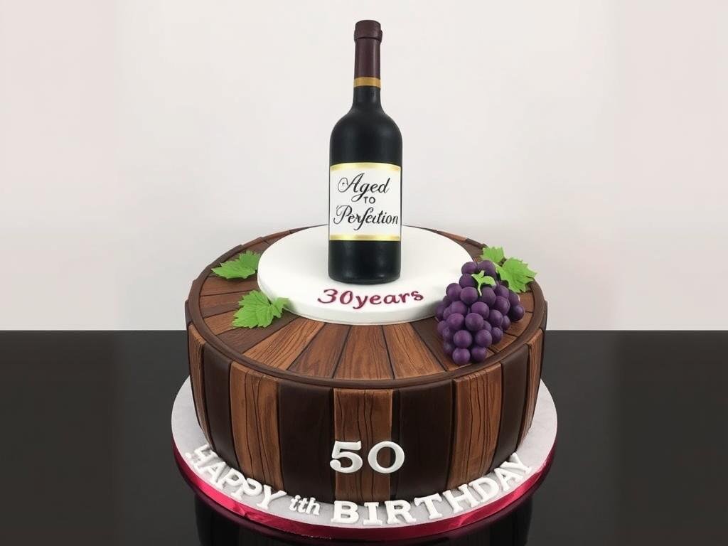 Wine-themed 50th birthday cake with fondant wine bottle and 'Aged to Perfection' label Wine-themed 50th birthday cake with fondant wine bottle and 'Aged to Perfection' label