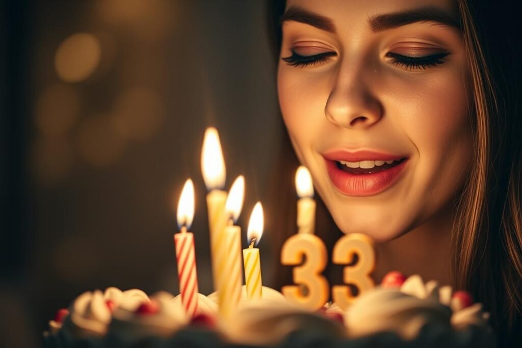 Woman blowing out candles on 23rd birthday cake