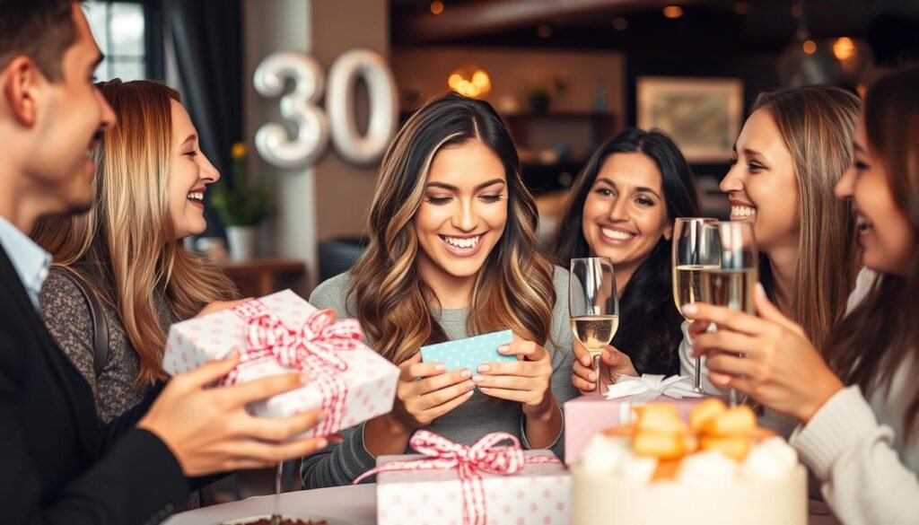 Woman celebrating 30th birthday with friends and gifts