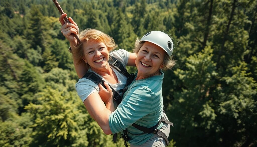 Woman celebrating 50th birthday with a zip-lining adventure