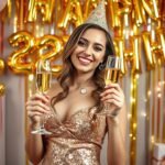 Woman celebrating her 22nd birthday in a stylish gold sequin dress