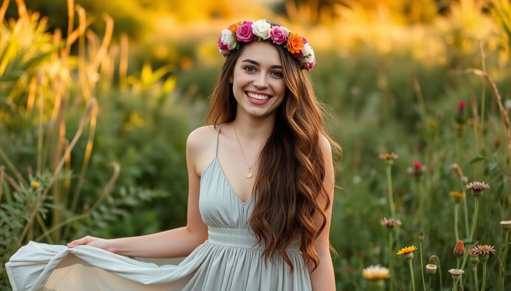 Woman celebrating her 23 birthday photoshoot in a natural setting with flower crown