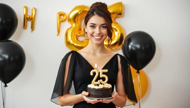 Woman celebrating her 25th birthday photoshoot with balloons and a cake in an elegant setting