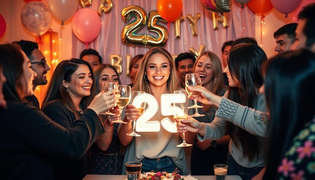 Woman celebrating her 25th birthday surrounded by friends and decorations