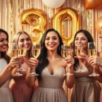 Woman celebrating her 30th birthday with friends, champagne glasses, and decorative gold balloons spelling out '30'