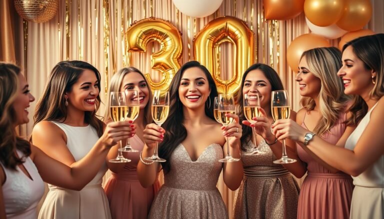 Woman celebrating her 30th birthday with friends, champagne glasses, and decorative gold balloons spelling out '30'
