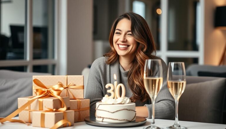 Woman celebrating her 30th birthday with gifts and cake