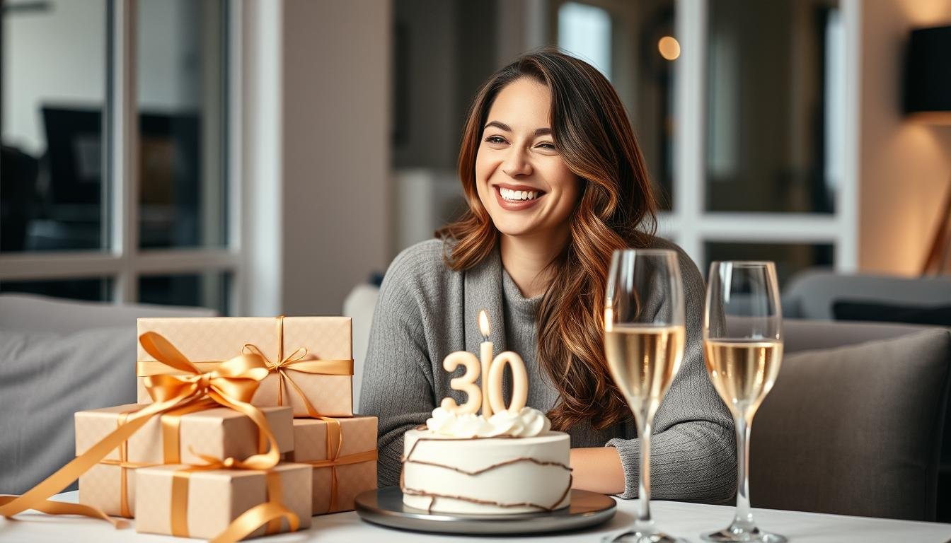 Woman celebrating her 30th birthday with gifts and cake
