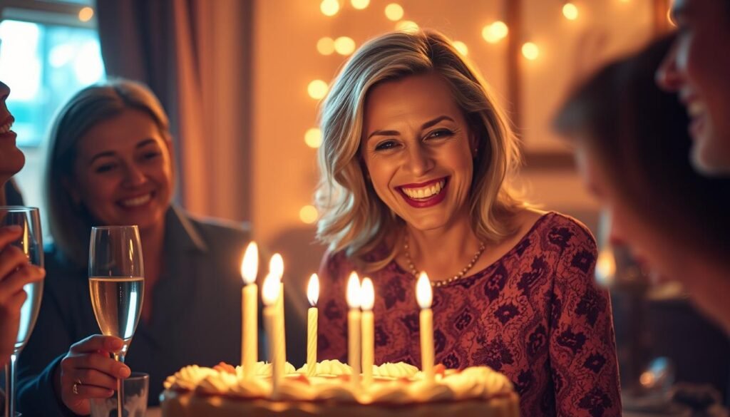 Woman celebrating her 50th birthday with an elegant cake and friends Woman celebrating her 50th birthday with an elegant cake and friends