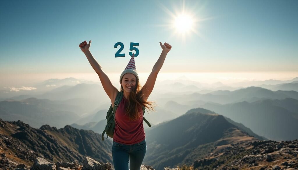 Woman celebrating on mountain summit for 25th birthday photoshoot
