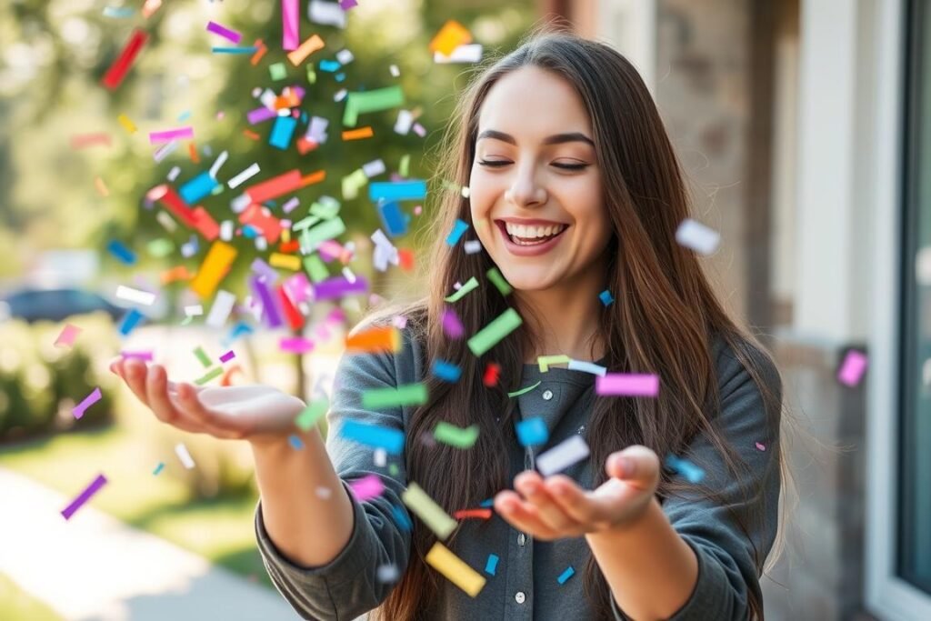 Woman celebrating with confetti toss for 23 birthday photoshoot