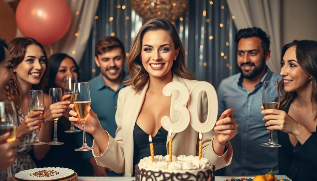 Woman confidently celebrating her 30th birthday in stylish outfit