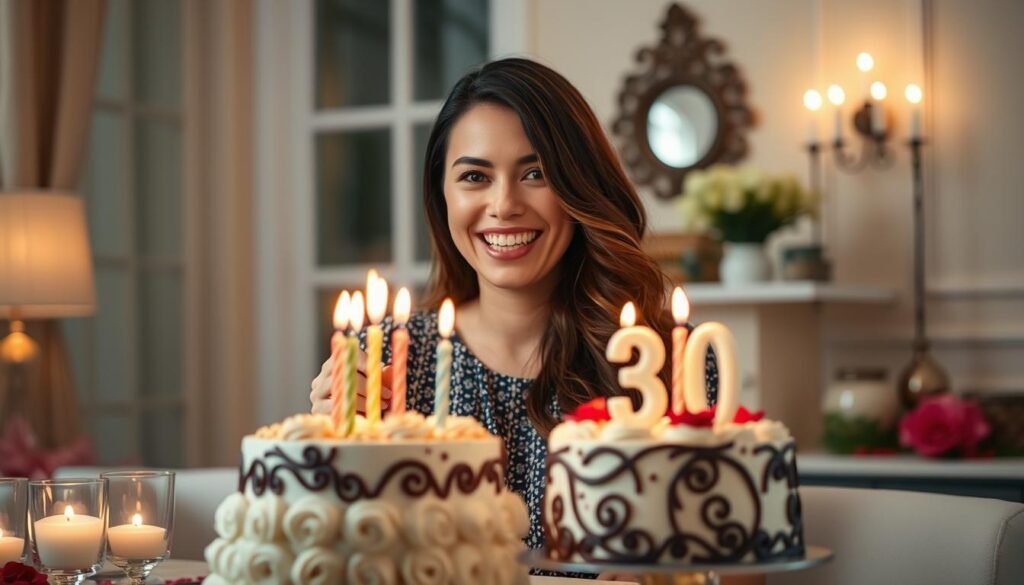 Woman confidently celebrating her 30th birthday with cake, candles, and a joyful expression