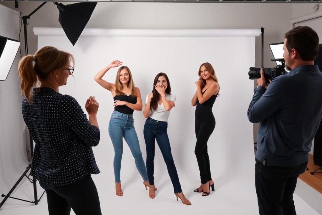 Woman demonstrating flattering poses for 30th birthday photoshoot with professional photographer Woman demonstrating flattering poses for 30th birthday photoshoot with professional photographer