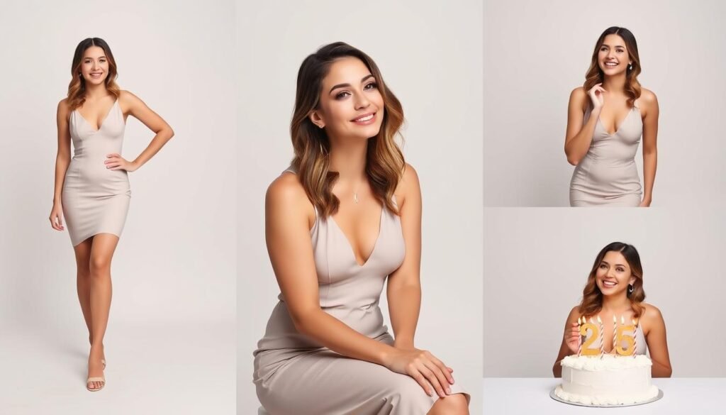 Woman demonstrating various poses for 25th birthday photoshoot Woman demonstrating various poses for 25th birthday photoshoot