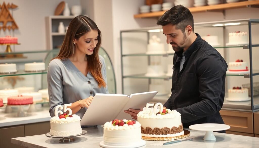 Woman discussing 50th birthday cake design with a professional baker Woman discussing 50th birthday cake design with a professional baker