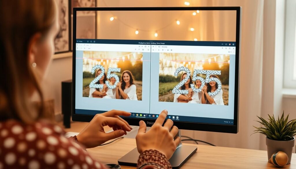 Woman editing 25th birthday photos on computer with before and after examples Woman editing 25th birthday photos on computer with before and after examples