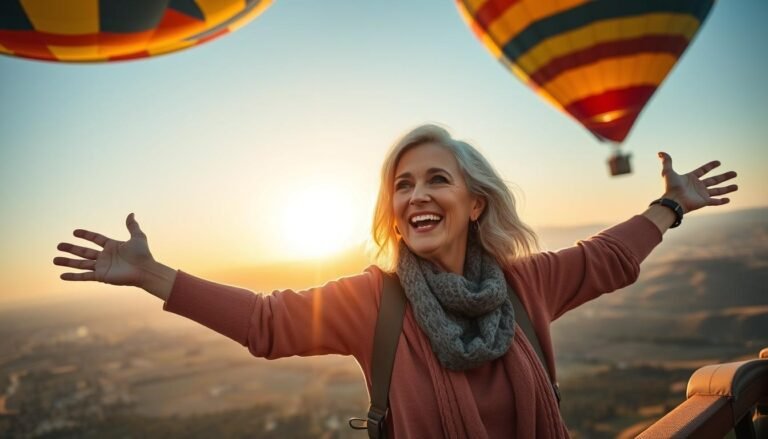 Woman enjoying a hot air balloon ride for her 50th birthday