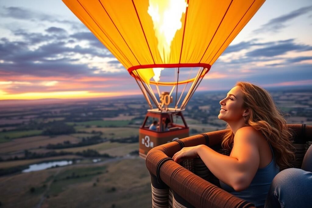 Woman enjoying a scenic hot air balloon ride at sunrise for her 30th birthday