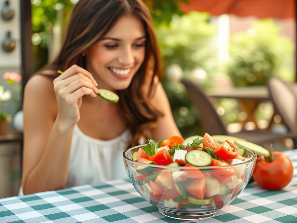 Woman enjoying tomato cucumber salad at outdoor table