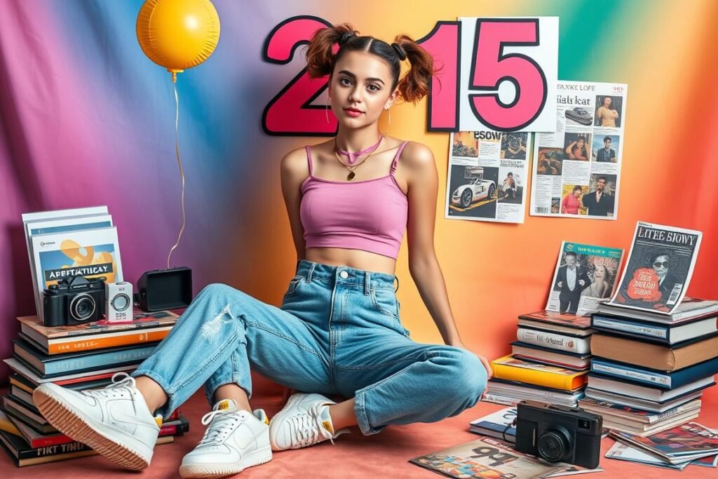Woman in 90s style outfit for birth year themed 25th birthday photoshoot