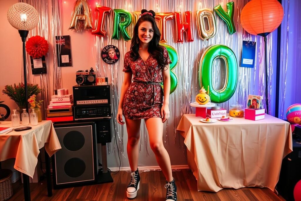 Woman in 90s themed outfit for 30th birthday party