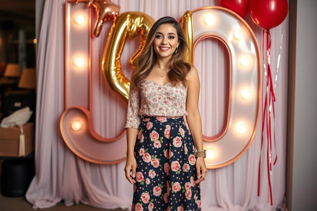 Woman in a midi skirt and statement top for 30th birthday